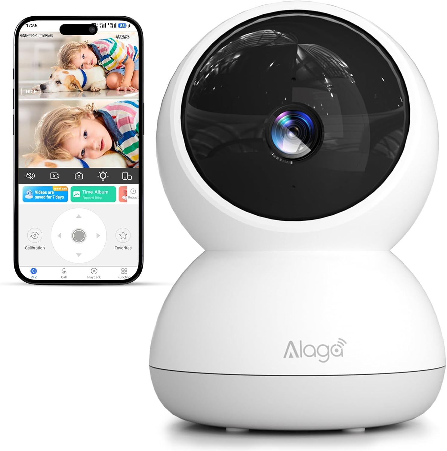 Alaga 3K HD Indoor Security Camera front view showing lens and compact white housing.