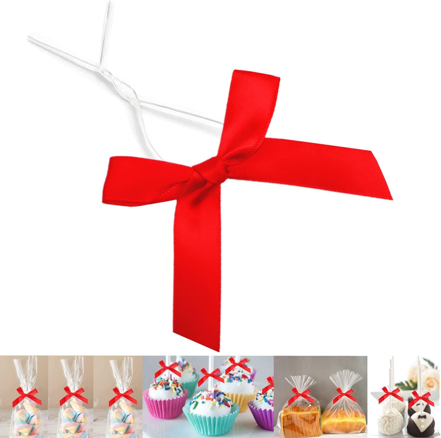 GUIFIER red ribbon twist tie bows 50 pack front view for gift wrapping