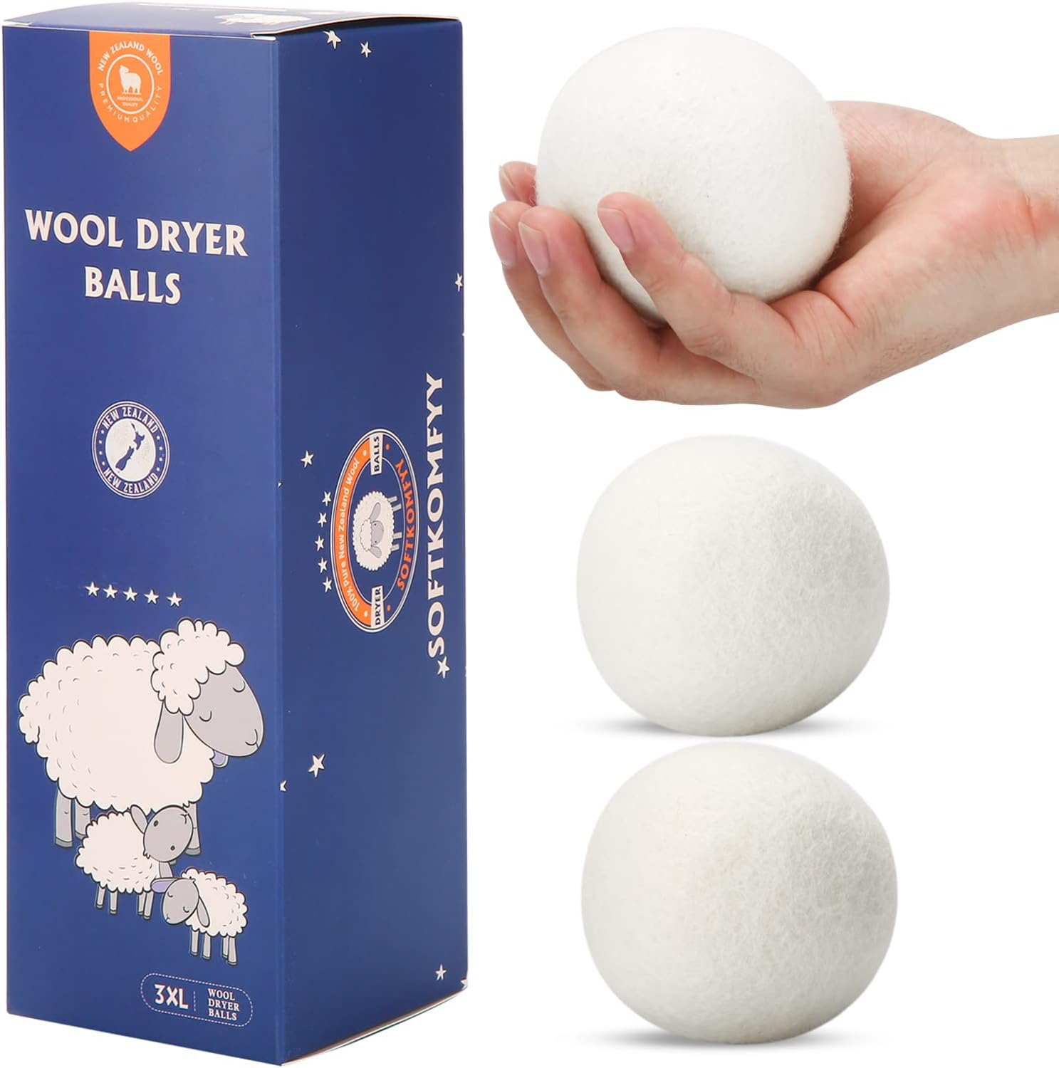 Softkomfyy Wool Dryer Balls 3 Pack front view of branded blue packaging.
