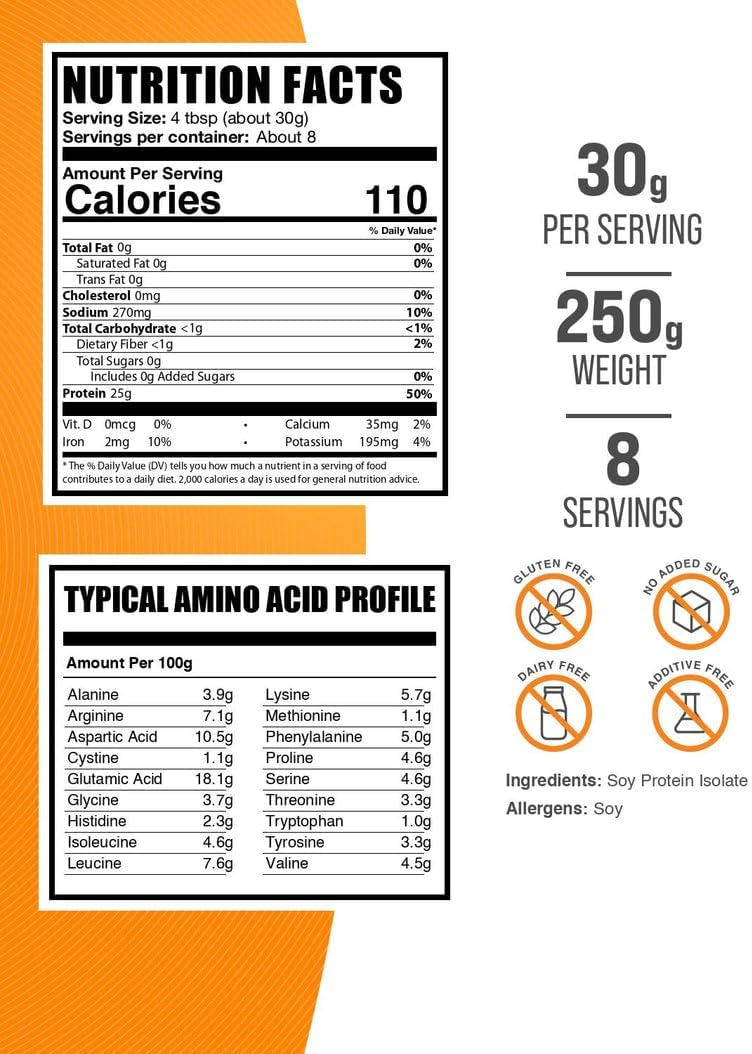 BulkSupplements vegan gluten free soy protein isolate powder nutrient label view