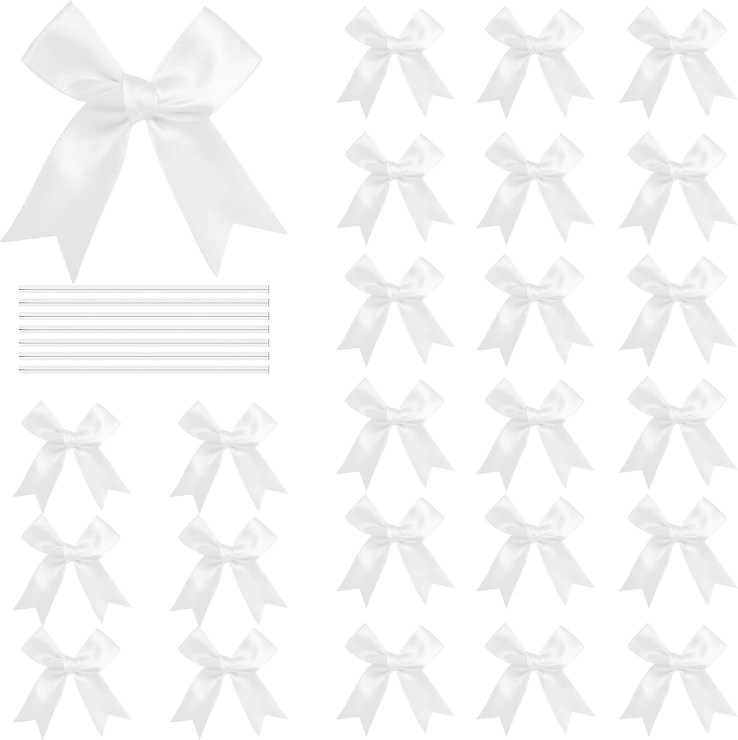 Amstorer twist tie satin ribbon bows front view showcasing fifty premium white pre-tied gift wrap bows.