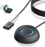 Editbar external PC power button extension switch front view showing blue glowing LED ring light on desk layout