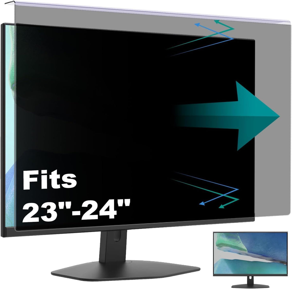 Pozlle hanging computer privacy screen protector front view installed on a widescreen desktop monitor screen