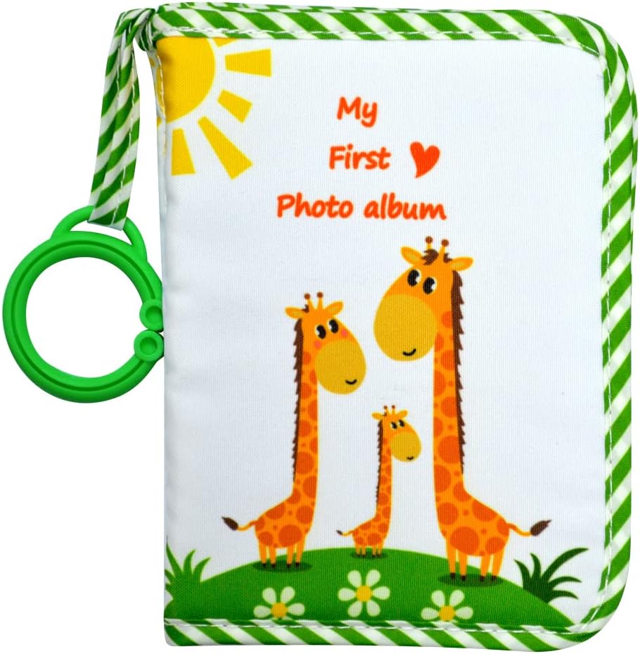 Amzoya Baby My First Family Album soft cloth photo book front view showing green giraffe design