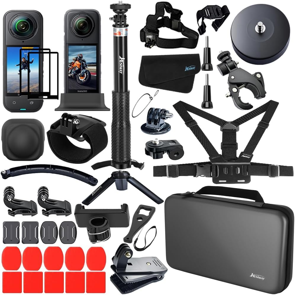Husiway accessories kit for Insta360 X5 front view showcasing hard shell carrying case and premium action mounts