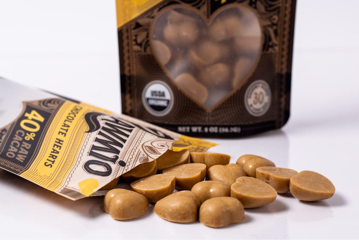 Nutritional label and ingredient information for Rawmio chocolate hearts