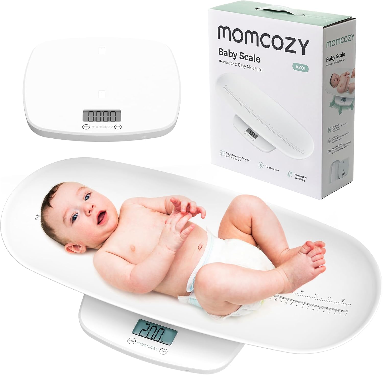 Momcozy multi-function baby scale front view with tray