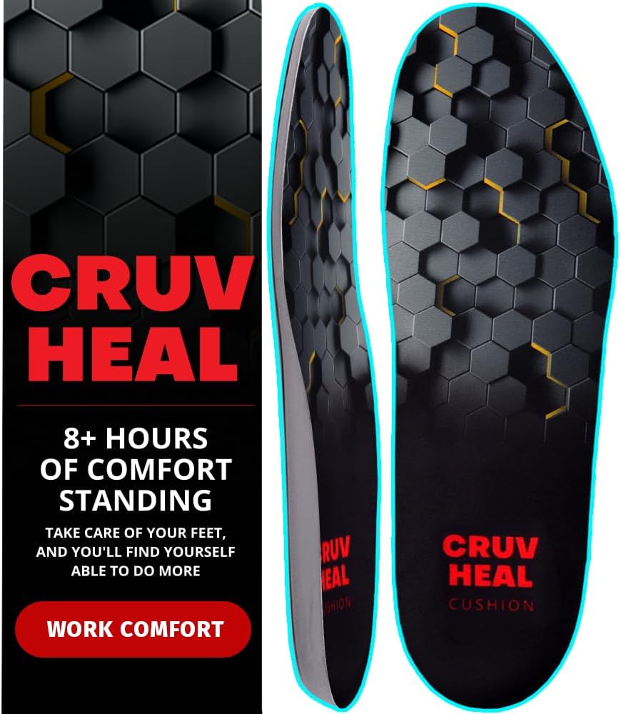 CRUVHEAL Work Comfort Orthotic Insoles - Anti Fatigue Shoe Insert Men Women - Low Arch Support - Shock Absorption - Foot Pain Relief - Work Boot Insoles (XL, Black) - Image 1