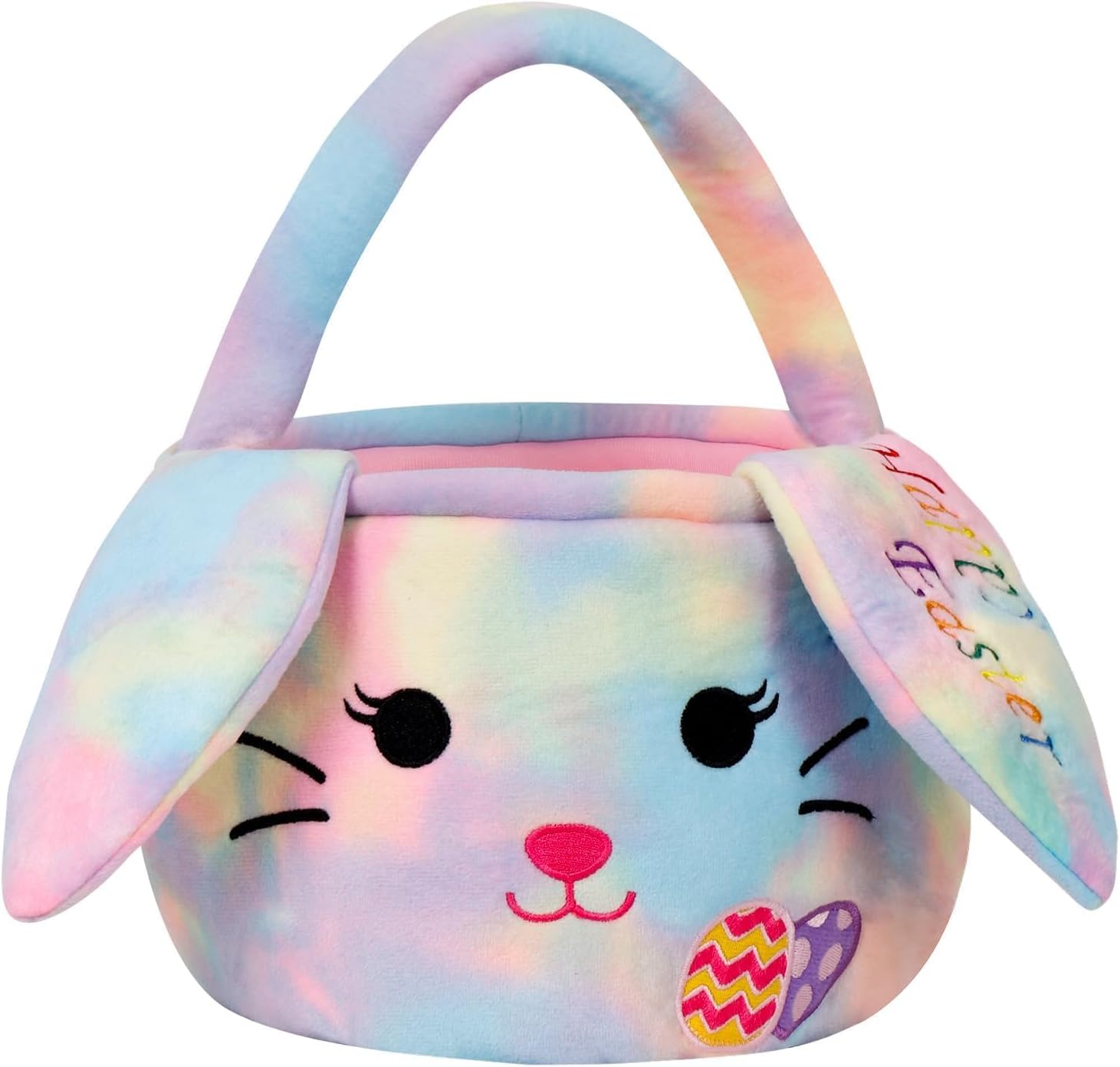 Wepop plush tie-dye Easter basket for kids front view featuring cute 3D bunny ears.