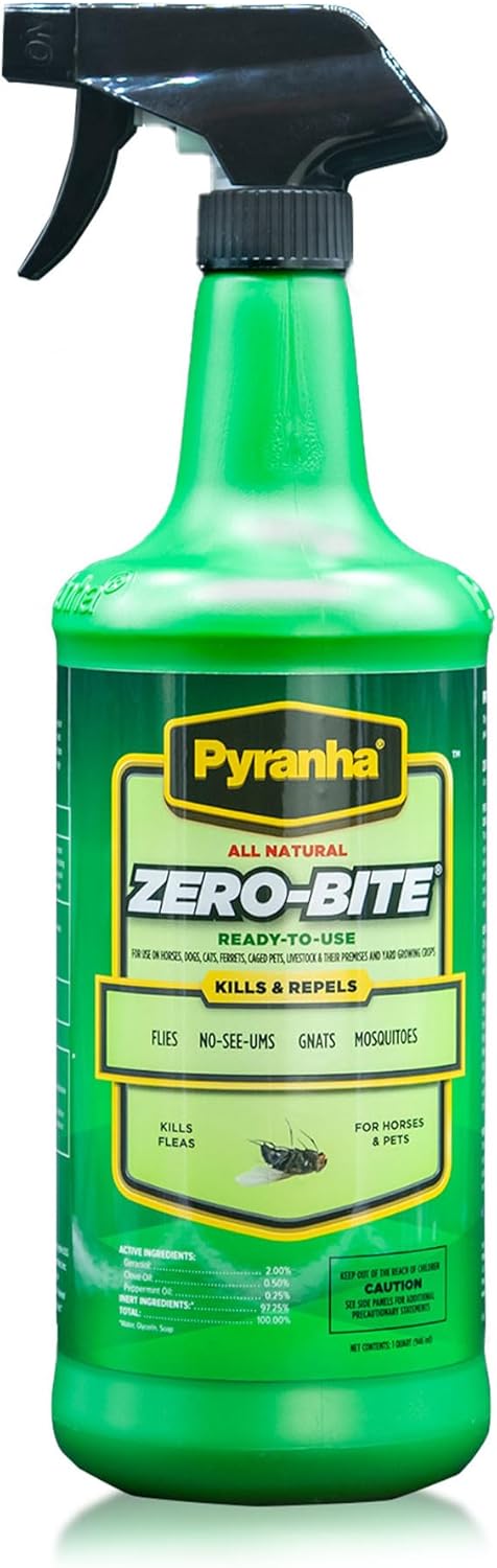 Pyranha Zero-Bite All Natural Fly Spray 32 Ounce front view showing green bottle packaging