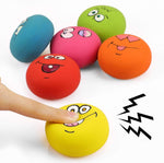 Six pack of non toxic soft latex pet play balls with diverse emoji expressions
