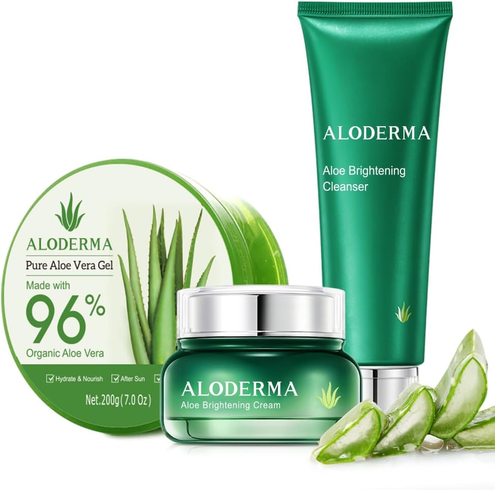 Aloderma brand 4 piece aloe vera brightening skin care set for uneven skin tone
