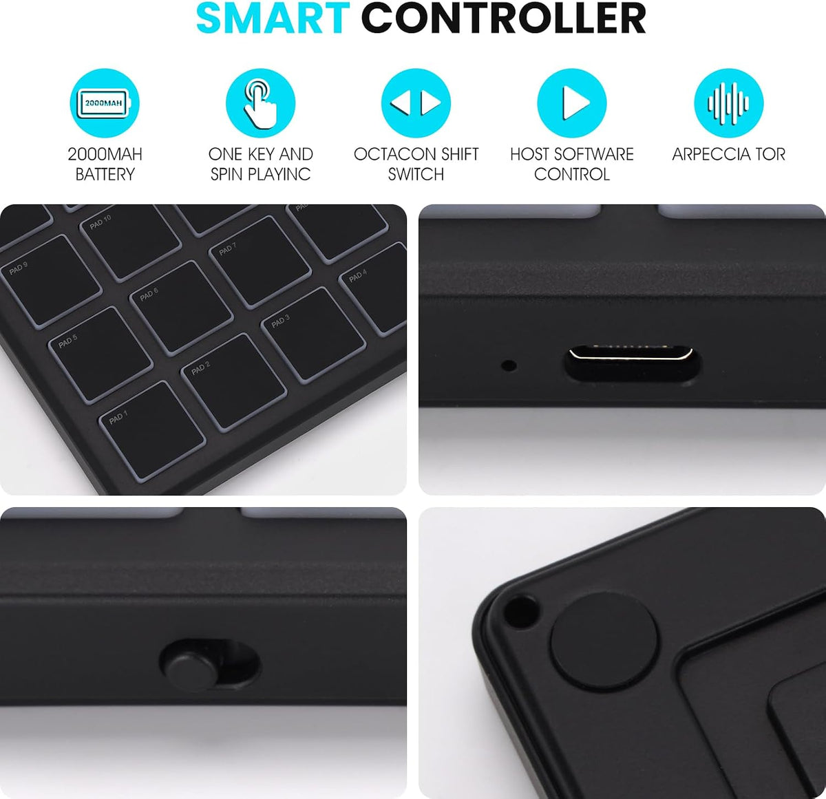M-VAVE portable MIDI controller displayed alongside USB-C charging cable