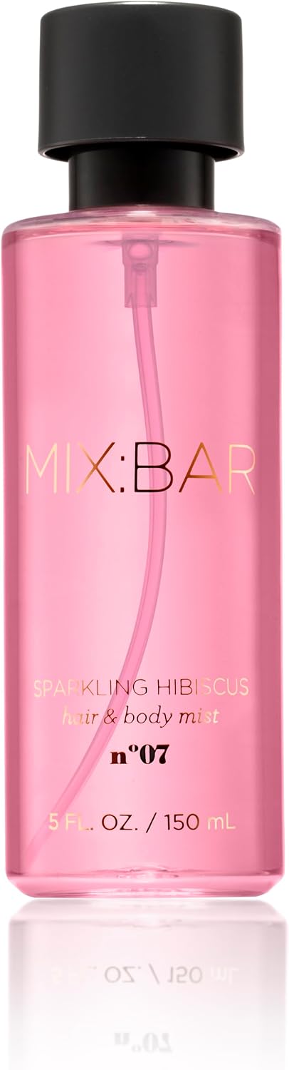 MIX:BAR Sparkling Hibiscus hair and body mist front view bottle design.