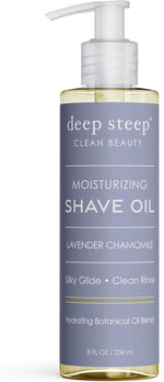 Deep Steep shave oil ingredient highlights and botanical blend graphic