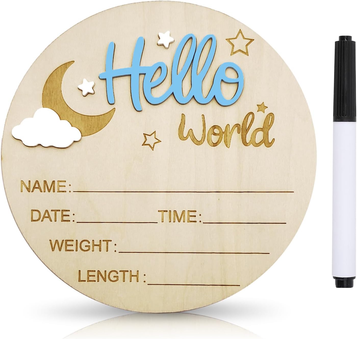 Duojinsanxi baby birth announcement sign front view showing blue hello world text on round wood plaque