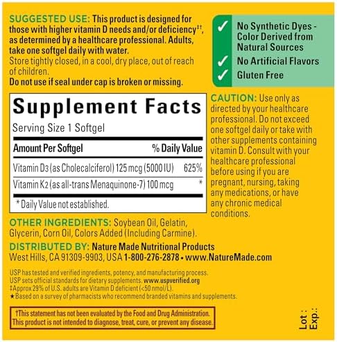 Authentic USA imported Nature Made Vitamin D3 K2 gluten free softgels for premium wellness