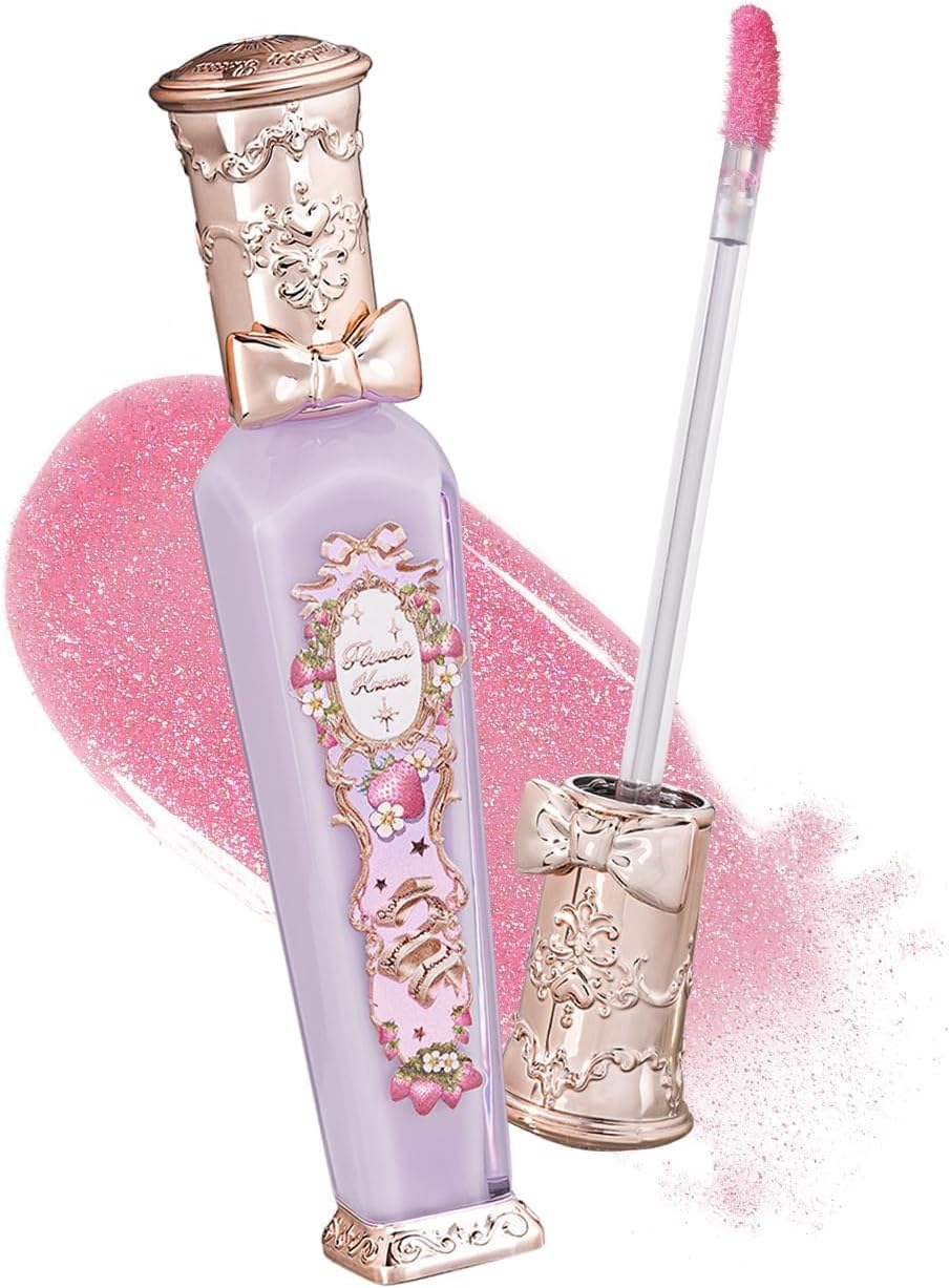 Flower Knows Violet Strawberry Rococo Glowy Lip Gloss G03 Berry Bomb front view showing ornate rose-gold packaging.