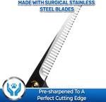 PET MAGASIN curved grooming shears highlighting the rounded safety tips for dogs
