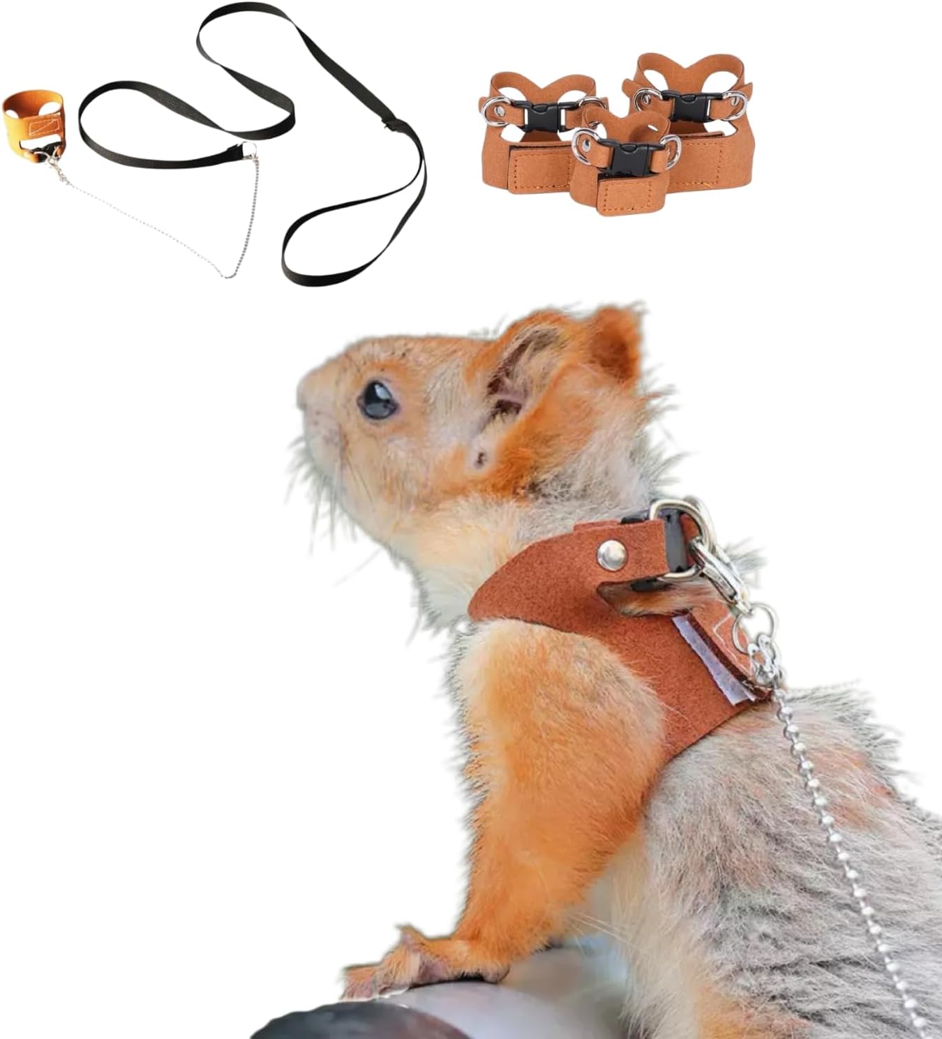 Ttmimik squirrel harness and leash set front view showcasing the adjustable brown leather vest on a small pet.