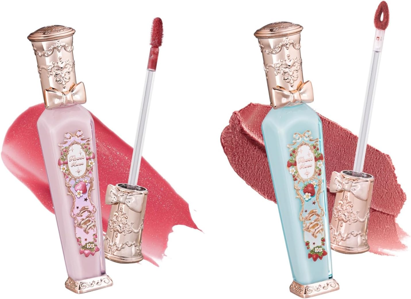 Flower Knows Violet Strawberry Rococo Lip Set front view featuring decorative vintage packaging and bow detail caps.