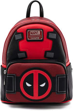 Loungefly Deadpool cosplay mini backpack front view showing masked suit design and belt pocket.