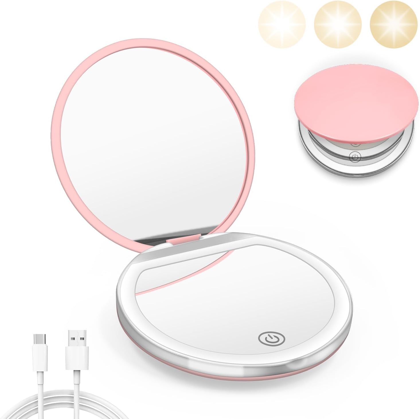Kakuje compact mirror with light front view showing pink outer shell and dual glass panels