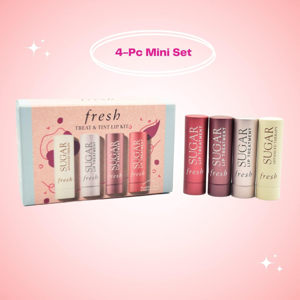 Fresh mini tinted lip balms lined up neatly