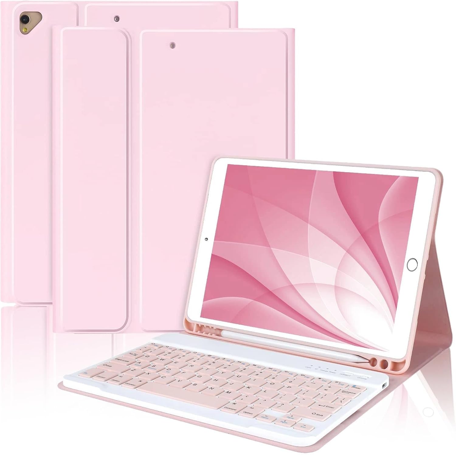 MMK iPad ninth generation case with keyboard front view showing pink folio cover and detached wireless setup