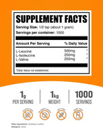 BulkSupplements Branched Chain Amino Acids unflavored nutritional panel showcasing the 2:1:1 ratio