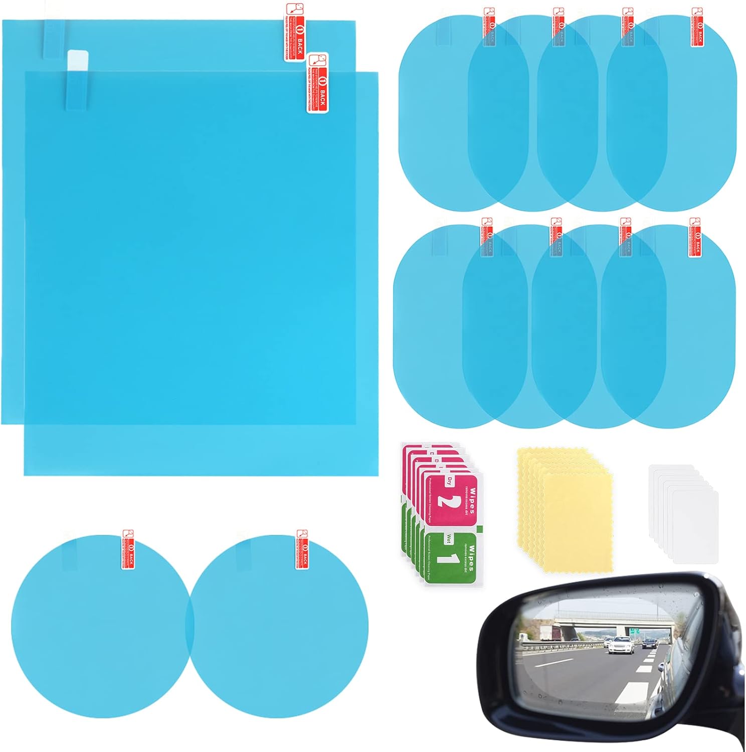 LeeLoon car rearview mirror protective film packaging and front view showcasing twelve pieces for safe driving
