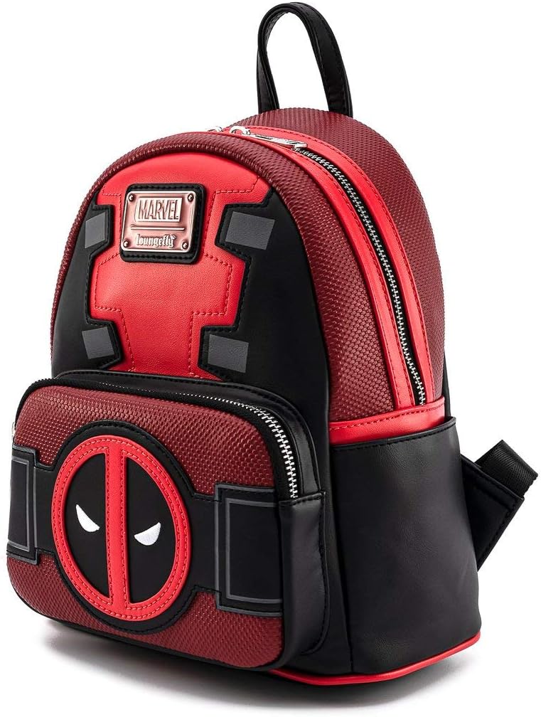 Loungefly Marvel Deadpool shoulder bag side profile showing compact width and faux leather texture.