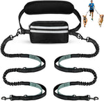 Yicostar hands free double dog leash front view showing black padded waist belt and pouch.