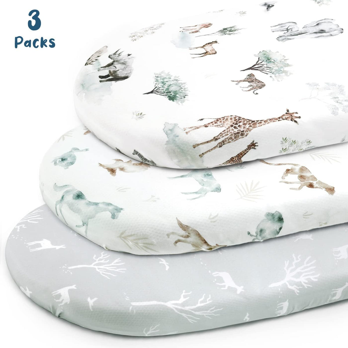 Folded jersey knit bassinet sheets showing animal pattern