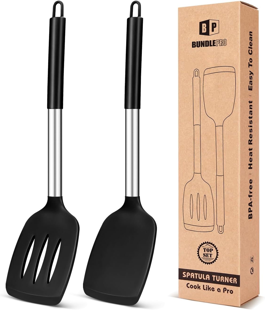 Pack of 2 Silicone Solid Turner, Non Stick Slotted Kitchen Spatulas, High Heat Resistant BPA Free Cooking Utensils, Ideal Cookware for Fish, Eggs, Pancakes(Stainless Steel Khaki) - Image 12