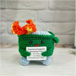 RovyFota emotional support crochet dumpster fire green front view with positive card on an office desk