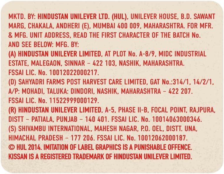 Kissan Orange Marmalade Jam ingredients list