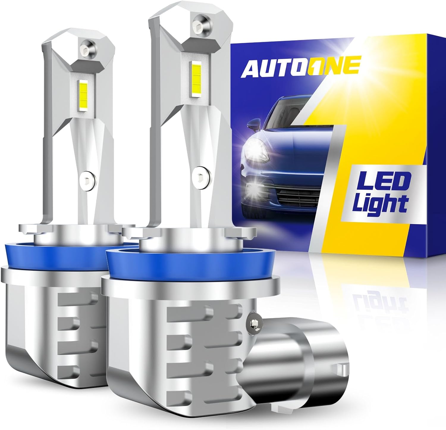AUTOONE H8 H11 H16 LED light bulbs front view showing the compact wireless plug design and CSP chips