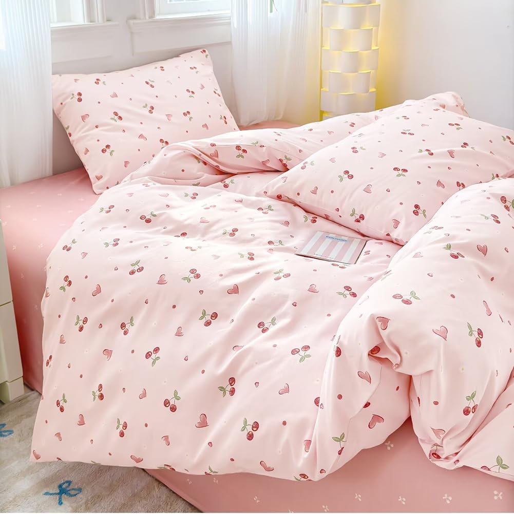 Sedefen Cherry Duvet Cover King Size front view showcasing the pink bedding set with red hearts in an aesthetic bedroom setup.