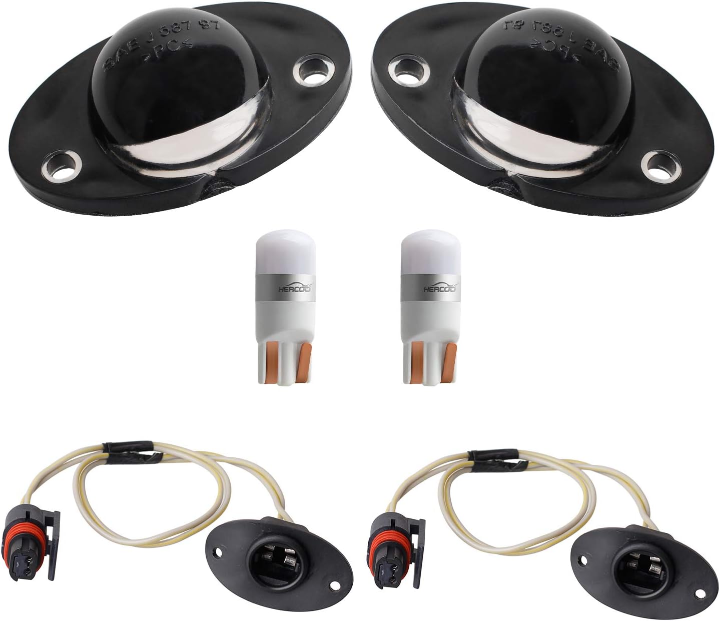 HERCOO LED License Plate Light Kit complete assembly front view showcasing black housing and wire harness.