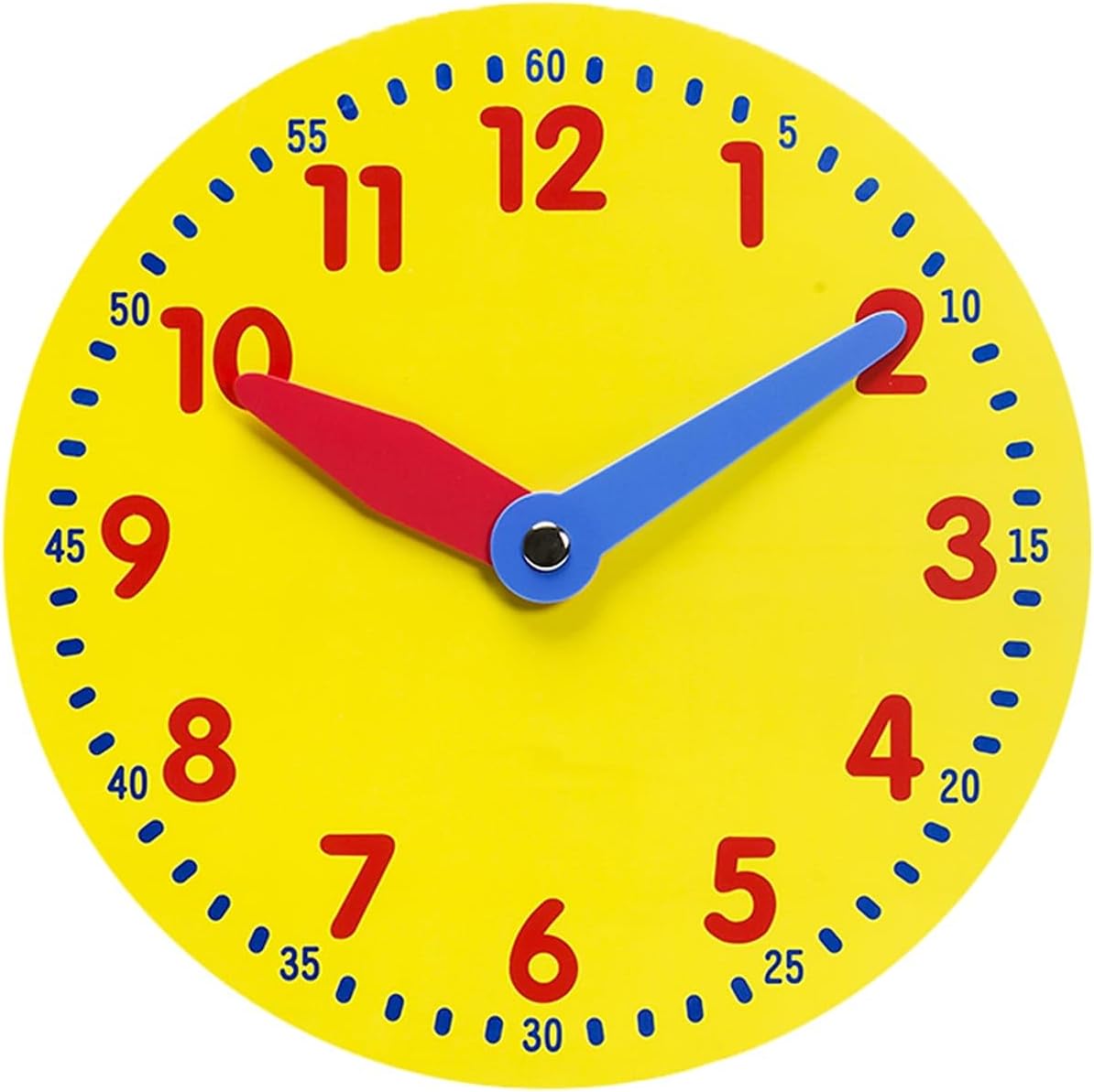 Didax Magnetic Demonstration Clock front view showing yellow face and moving hands