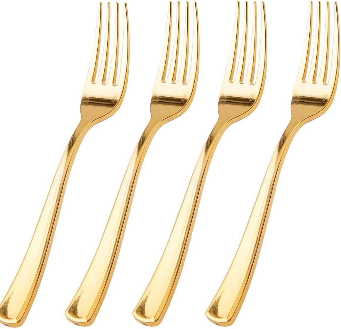 WDF gold plastic forks 100 pack front view for party supplies.