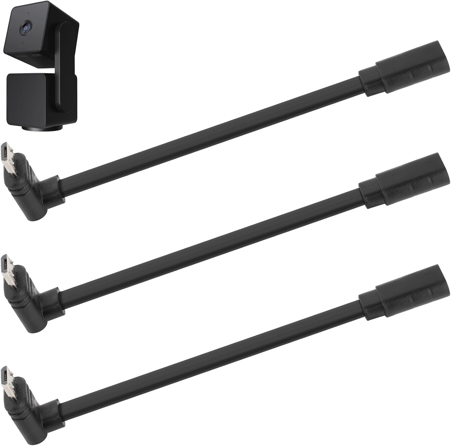 Uogw micro USB 90 degree extension cable front view showing three black adapters