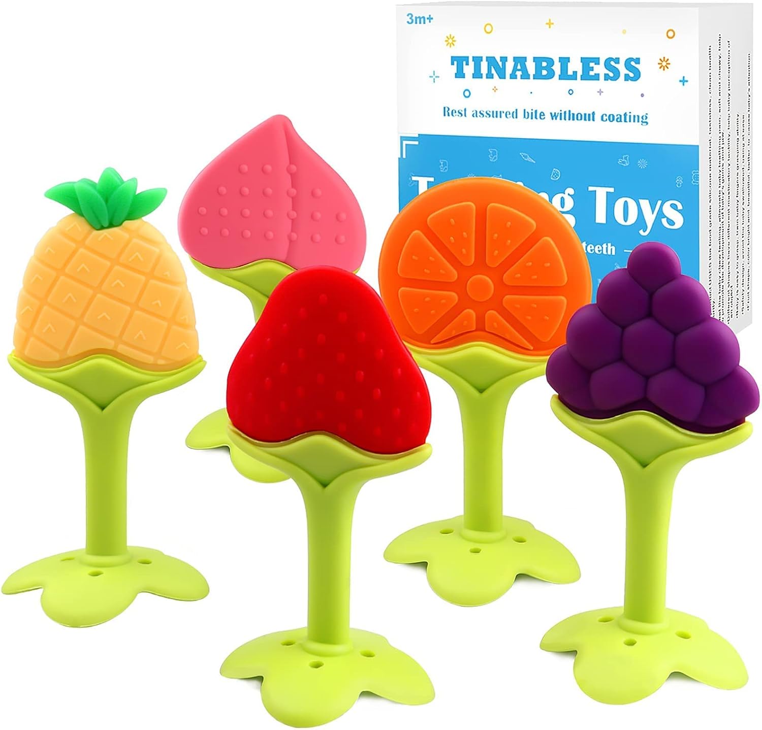 Tinabless infant teething keys set front view five pack of colorful silicone baby teethers