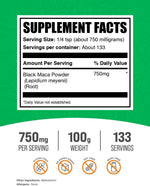BulkSupplements Black Maca Root extract showing serving size and nutritional facts