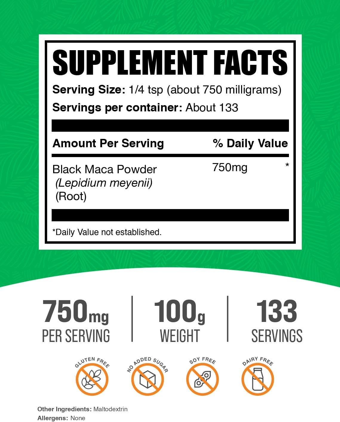 BulkSupplements Black Maca Root extract showing serving size and nutritional facts