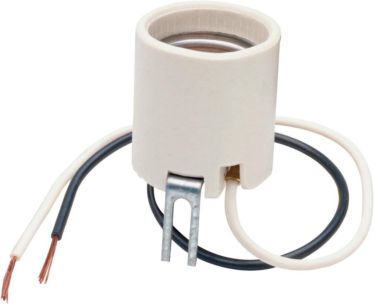 Pass & Seymour 8052CC10 porcelain lamp holder front view showing mounting bracket and wire leads