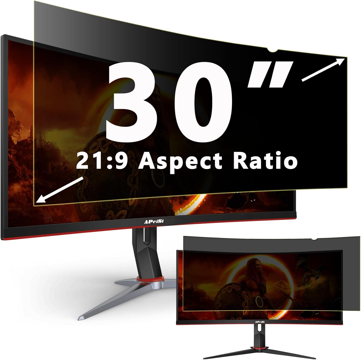 APeiSi 30 Inch Privacy Screen Filter front view applied on a curved ultrawide monitor in a modern workspace setup