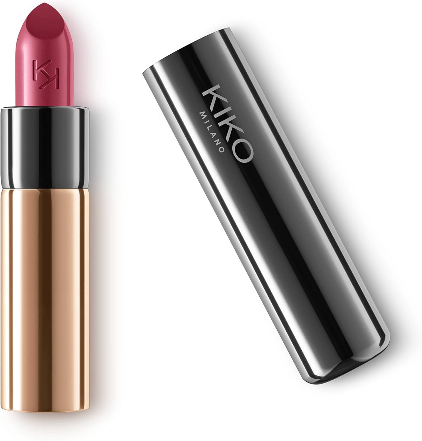 Kiko Milano Gossamer Emotion Creamy Lipstick front view showing the sleek gunmetal tube packaging.