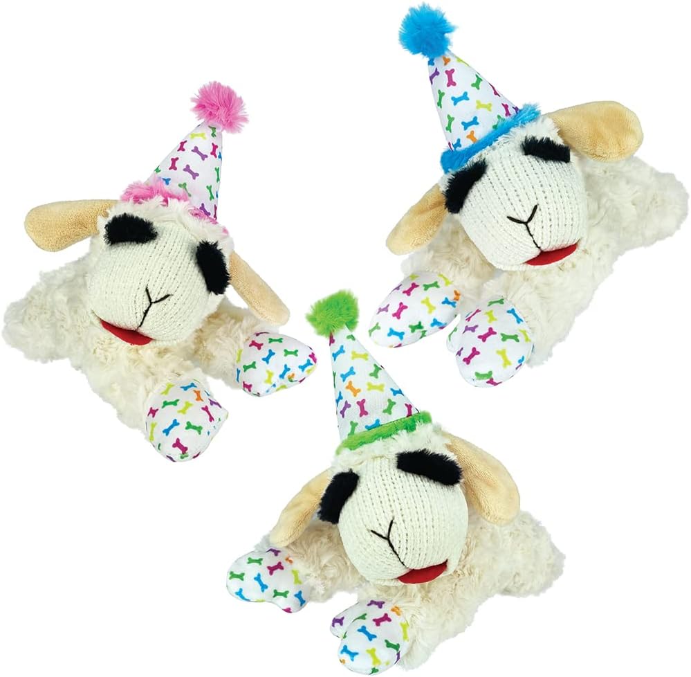Multipet Lamb Chop Birthday Hat Dog Toy front view plush squeaky pet toy